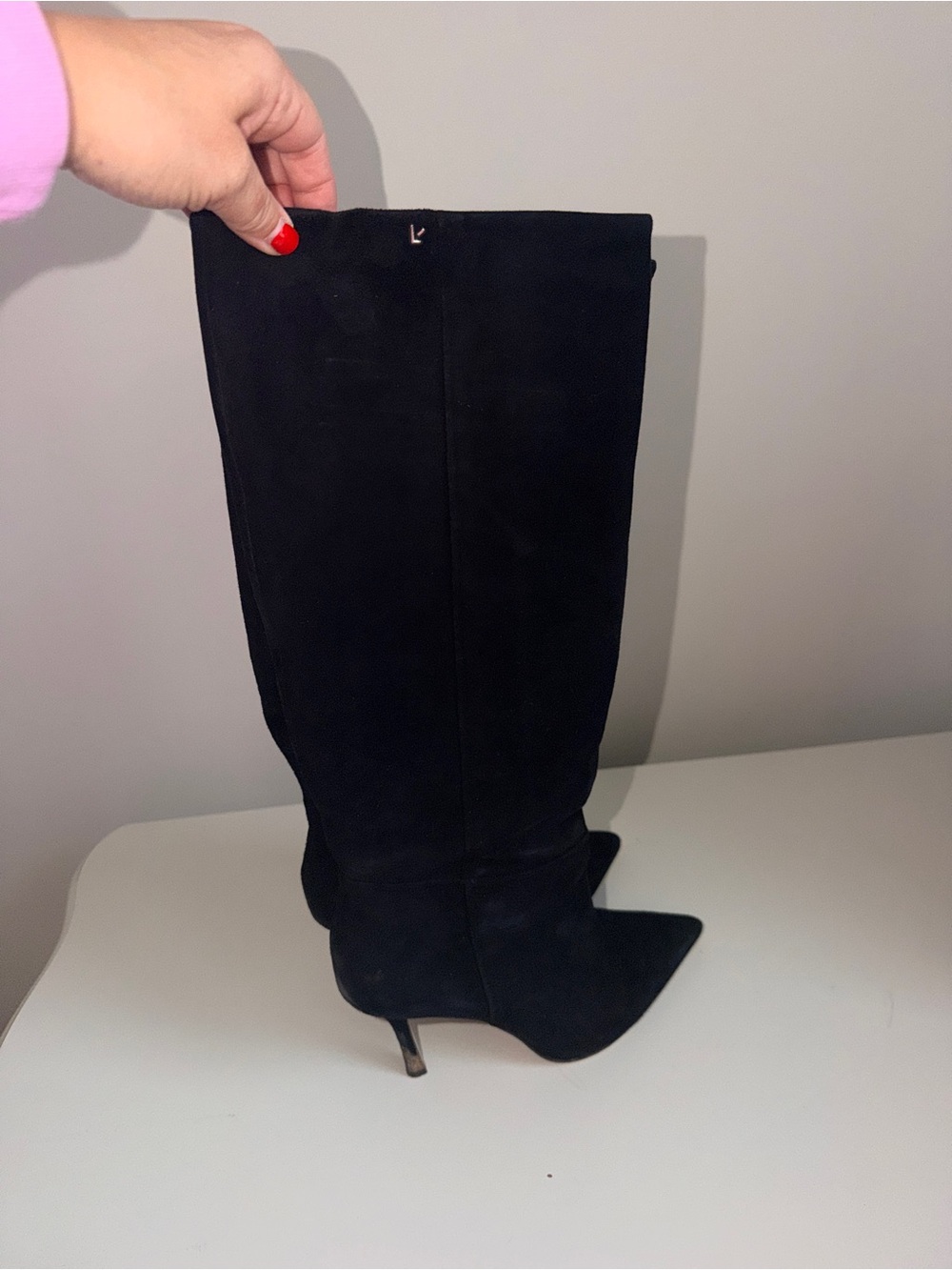 Larroude/Size 8.5 Kate Black Suede Knee-High Pointed-Toe Stiletto Boots - Picture 4 of 8